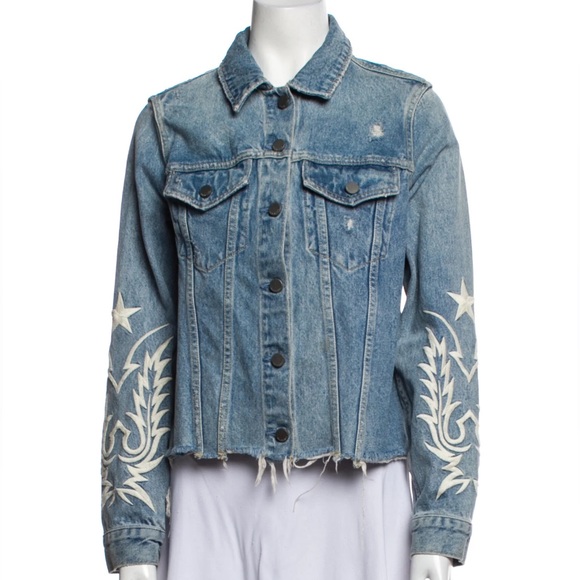 All Saints Jackets & Blazers - ALLSAINTS Denim Jacket Raw Hem Embroidered Sleeves Ribbed Size XS Washed Blue